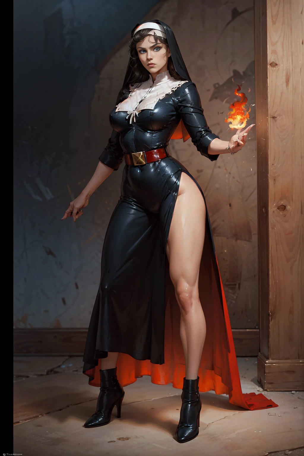 full length view of a Chinese female middle-aged demon, wearing tailored black suit and short black pencil skirt, with stilettos, black tie, blood red eyes, in a fiery hellscape setting
