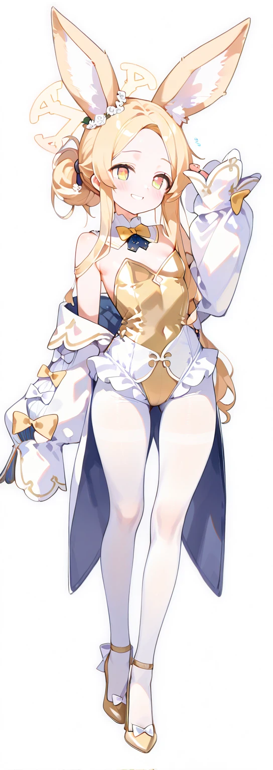 a beautiful long gray-haired girl wearing an elaborate egyptian queen's costume, sexy white egyptian dress with colored striped fabric hem, beautiful slim thighs, full body view, short hair, pinky eyes, in the style of an egyptian golden cat, white background, photorealistic, 8k, high quality, detailed, vivid colors, dramatic lighting, Wearing high gold shoes, cute face is obvious, (blank white background with no other objects) Slim body, Standing straight pose, both free hand poses (smile
