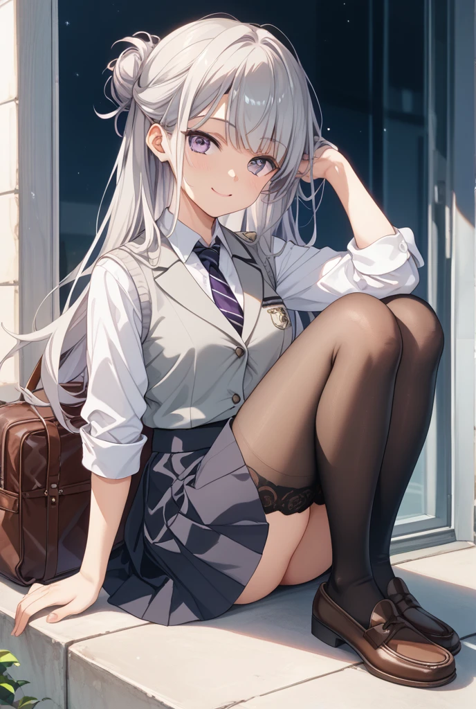 rezeroemilia, emilia, Braid, crown Braid, flower, hair flower, hair ornaments, hair ribbon, long hair, headlock, purple eyes, pointy ears, white flower, x hair ornaments, close your mouth,red glasses, end, black suit jacket, collared jacket, white dress shirt, collared shirt, neckline, button, strap, ID card on the neck, black pencil skirt, black pantyhose stiletto heels,PC on desk,sitting cross-legged on a chair,
break indoors,office,
break (masterpiece:1.2), highest quality, High resolution, unity 8k wallpaper, (shape:0.8), (beautiful and detailed eyes:1.6), highly detailed face, perfect lighting, Very detailed CG, (perfect hands, perfect anatomy),