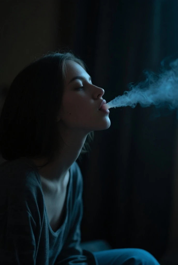 Image of a woman smoking only from the shoulders up where the smoke covers her face without losing the silhouette of her face , for a gaming pc wallpaper 