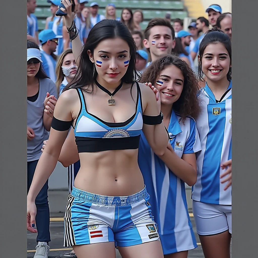 Jovenes rubias hermosas de medidas perfectas con el uniforme de futbol de la seleccion de argentina