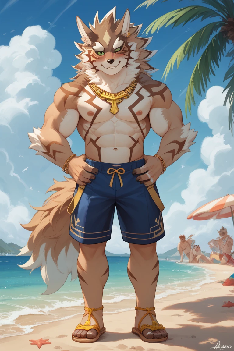 male, German Shepherd, hairy, fur, neutral, Blue beach shorts,collar,Smile,Gentle,Eight-pack abs,Thin body,Dynamic Lighting, illustration, beautiful, particle (high quality,4K,8K,high resolution,masterpiece:1.2), Extremely detailed, Impressionism:Colorful