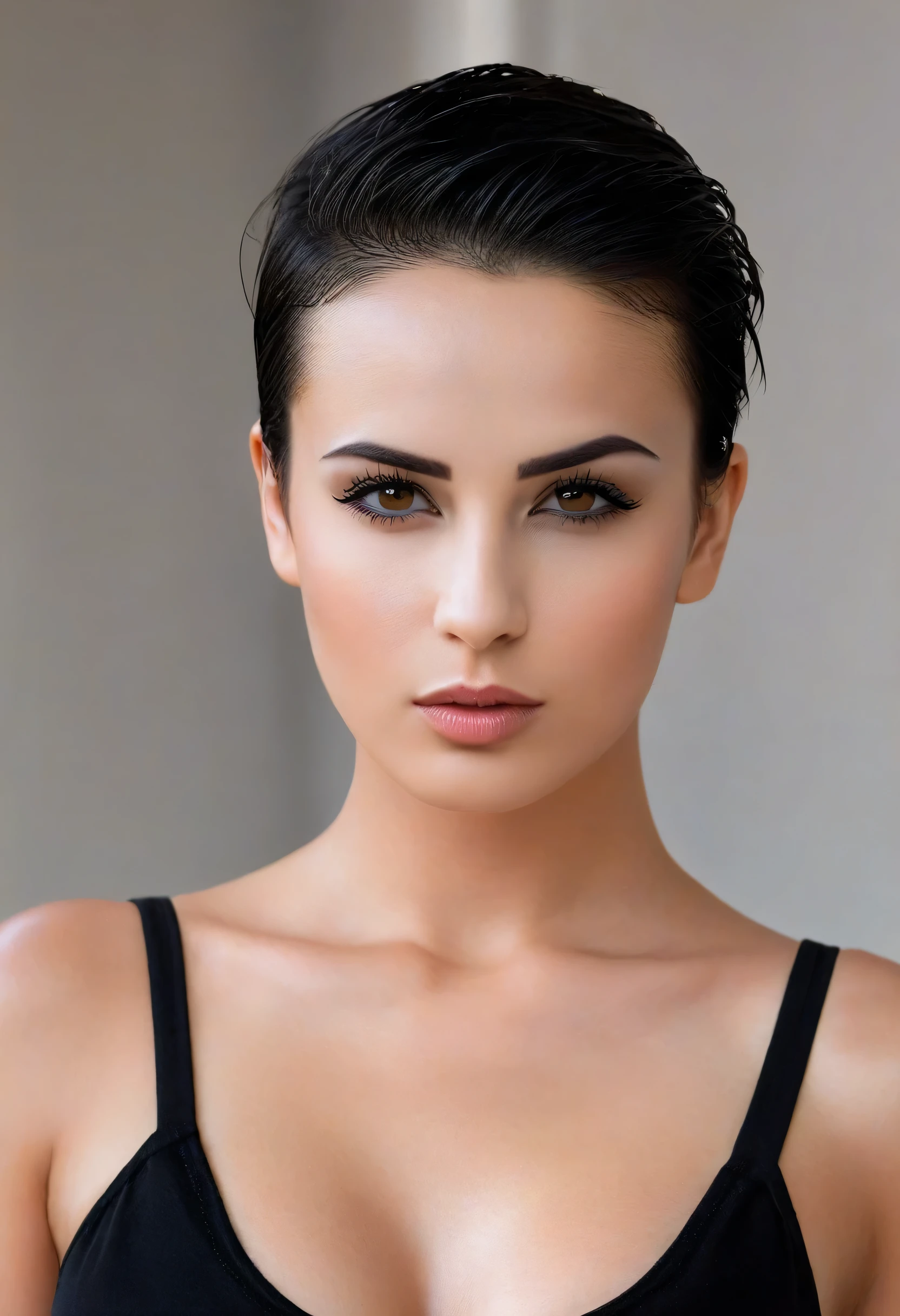 1girl, short hair, black hair, (forehead), (slick back hair), black eyebrows, thin eyebrows, glowing brown eyes, black eyeliners, nose, lips, thick lips, perfect face, beautiful girl, medium breasts, sweat