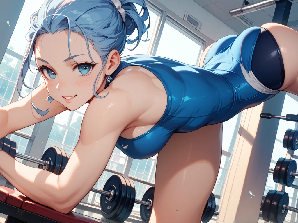 (Acrobatic style) ((beautiful frying and Handstanding)), (solo:2, 15 yo), (beautiful forehead), (beautiful detailed blue hair long hair), (best cute girl, immensely cute blue eyes, smile, small tits), in a tank top, hot pants, break, in the gym, BREAK, perfect anatomy, masterpiece, best quality, 16k, beautiful detailed grow, daydreaming expression.
