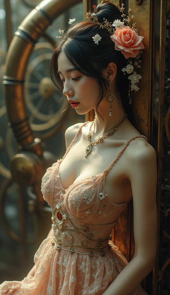 (best quality,8k,hd,masterpiece:1.2),super detailed, young woman, wearing beautiful dress, with plunging necklines, her nipples partially exposed, focal point on their hard and puffy nipples, nsfw:1.1
