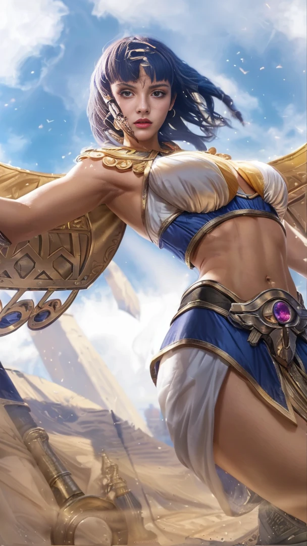 (female:1.2), 8k, ultra hd, ultra detailed texture, hyper realistic, masterpiece, detailed texture, detailed face, detailed skin, detailed lighting, (photorealistic:1.5), best quality, beautiful lighting, cinematic lighting, professional lighting, ultra highres, realistic, detailed hair, real hair, high quality, (realskin:1.5), extremely detailed, finely detail, ultra-detailed, 1girl, solo, egyptian goddess, cleopatra, (blue eyes:1.5), blue lips, closed mouth, nose, dark-skinned female, exotic skin, brown skin, pretty, beautiful, make up, purple eyeshadow, cute face, short hair, blue hair, alternate hair color, multiples hair color, hair accessories, hair ornament, large breasts, separate breasts, armpit, navel, stomach, midriff, mechanical wings, bracelet, thighigh, bare shoulder, egyptian dress, skirt, rafaela \(mobile legends\), outstretched arm, gem, depth of field, looking aways, from below, skin tight, amazing pose, outdoors, sunlight, sand, glowing, day, sky, pyramid, desert, blurry background