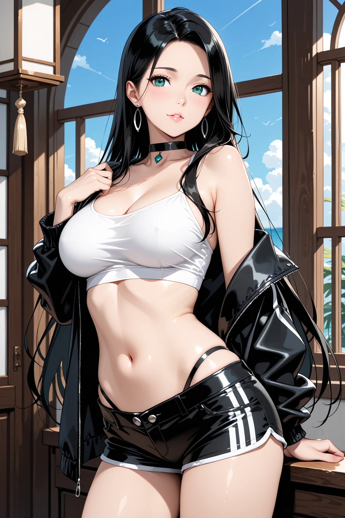 (masterpiece:1.3), (8 thousand, realistic, RAW photos, best quality: 1.4), (1 woman),(sheer silk blouse), (short skirt), (짙은색 realistic 팬티 스타킹), (wearing stockings), (wearing stockings), (High Heels), (High Heels), (very sexy), (full body shot), (Beautiful makeover), (유난히 아름다운 realistic 얼굴), (Build a beautiful body) , (beautiful face), (beautiful face), (long eyelashes), (double eyelid), (big bust) , (Strong body through exercise), (beautiful abs), (Beautiful heaps), (tall), (such a beautiful body), (realistic face), (black hair. parted, long hair:1.3), (아름다운 parted스타일), (realistic eyes), (really beautiful and delicate eyes), (realistic skin), (beautiful skin), (nudity), (absurd), (attractive), (ultra high resolution), (extremely realistic), (very detailed), (golden ratio), (realistic 긴 다리), (realistic 팔), (necklace), (earring),(beautiful nails manicure), (So beautiful and sexy)