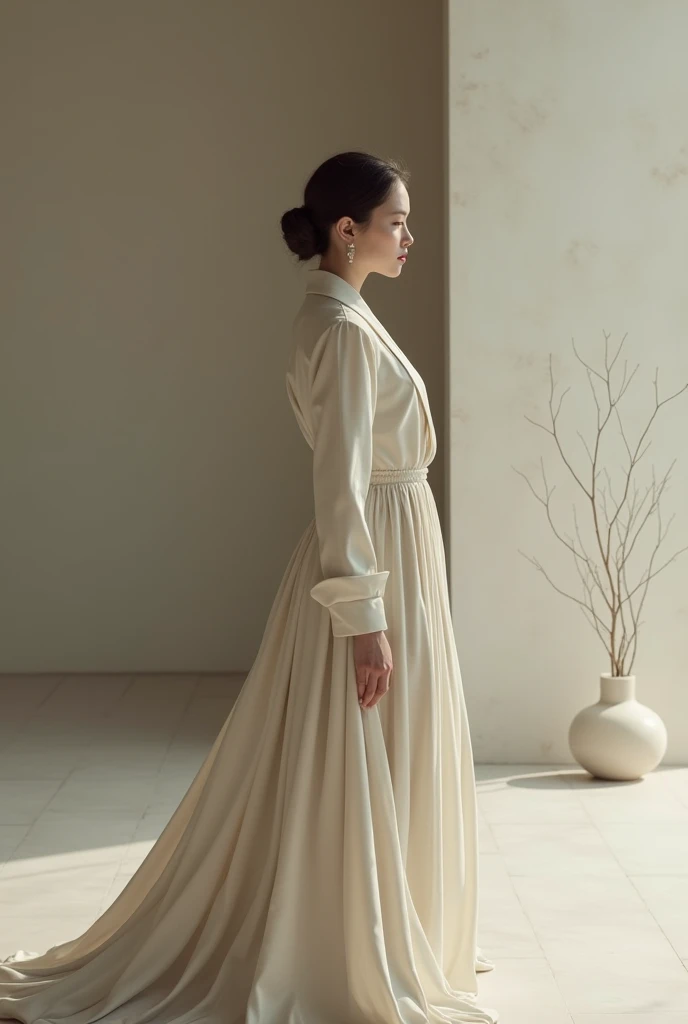 a woman standing in a room, elegant and graceful pose, hands in pockets, soft lighting, muted colors, white and light gray tones, mihalkatz style, extremely detailed, 4k, high quality digital photograph