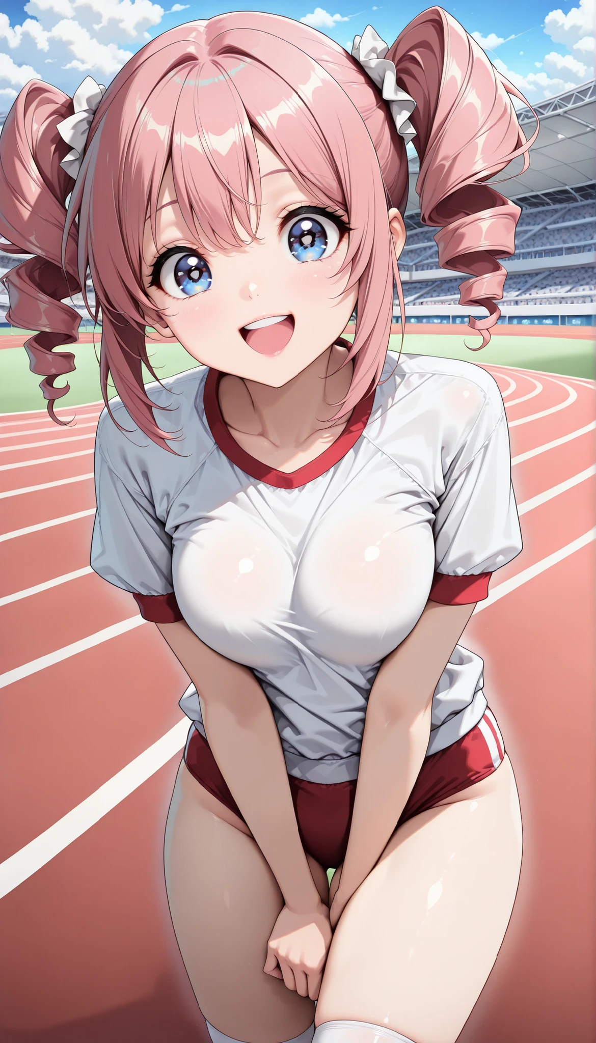 1 female, gym clothes, buruma, thighs, track and field track background , pc, calisthenics, standing, open the leg:1.4, Miho Nakano, (big eyes), (Xiaoyan), (High Detail Skin:1.2), sexy faces, Glamorous Expression, Beautiful appearance, pink hair, twin drill, (comic style eyes , laugh, droopy eyes), (Highest Quality, Very Detailed, CG illustration, masterpiece:1.2, Best Aesthetics).