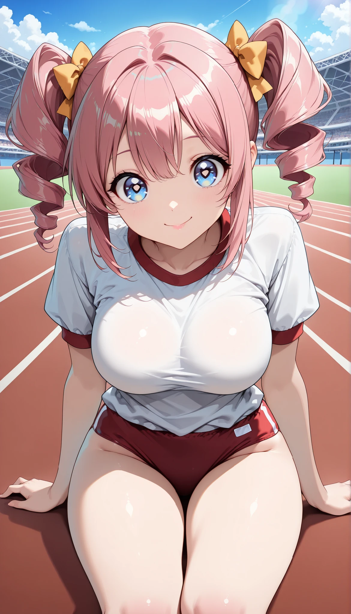 1 female, gym clothes, buruma, thighs, track and field track background , pc, calisthenics, Sit down, open the leg:1.4, Miho Nakano, (big eyes), (Xiaoyan), (High Detail Skin:1.2), sexy faces, Glamorous Expression, Beautiful appearance, pink hair, twin drill, (comic style eyes , laugh, droopy eyes), (Highest Quality, Very Detailed, CG illustration, masterpiece:1.2, Best Aesthetics).