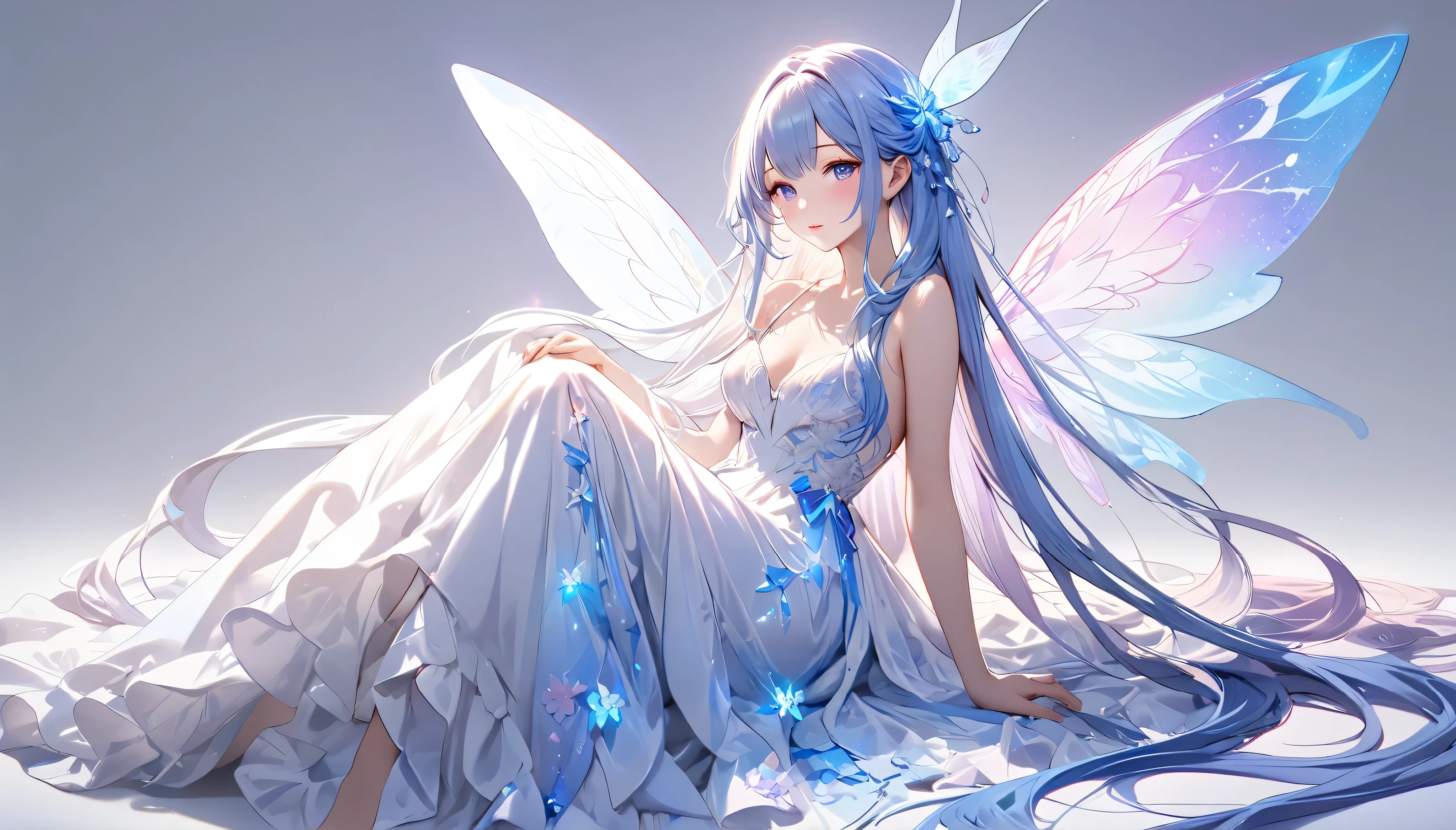 Highest quality, Very detailed, beautiful, Exquisite, 16K, Full HD, ((Sleep)),(Sleep in bed),Absurd,(garden,Sleeping on your side),((A fluffy layered dress that sparkles)),A large and beautiful dress inspired by rose flowers, Hanabubuki,The screen is surrounded by flowers,Frills,Rhinestones are adorned、Intricately wavy ball gown,(Art Station, Fantasy art:1.2), pastel colour,((Giant white fairy wings:1.5))、Gradient Hair, Light blue hair, Wavy Hair,Fluffy hair,tiara,anklet,Lavender eyes, Long eyelashes, beautiful purple eyes,Light pink cheeks,Pointed Ears, Golden Hour, Dazzling Light, Warm lighting,Bright light,Romantic light