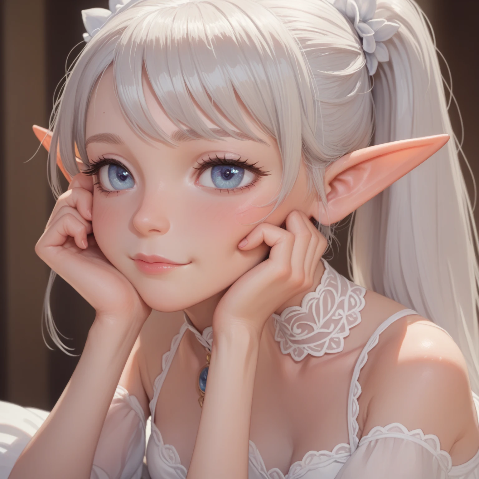 It is a breathtaking painting presented in digital art form. A pintura retrata uma elfa feminina bonita e elegante com cabelos brancos, garota anime com cabelos brancos e olhos verdes com vestido branco, personagem elfo com uma risada, elfa feminina bonita e elegante, retrato muito bonito de uma fada, she's full of fairies. With long ears and a cute and charming appearance, a elfa feminina tem a pele branca, exuding an extraordinary temperament that gives people a surreal feeling. The work features extreme realism and is as captivating as a fluffy porcelain doll.