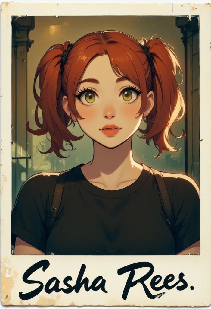 ((red hair)), green eyes, half bun hair, bust, ((curious look)), ((masterpiece)), ((detailed)), ((black shirt)), ((blue jeans)), ((best quality)), ((outside)), small breasts, ((bright)), (pretty eyes), looking at viewer