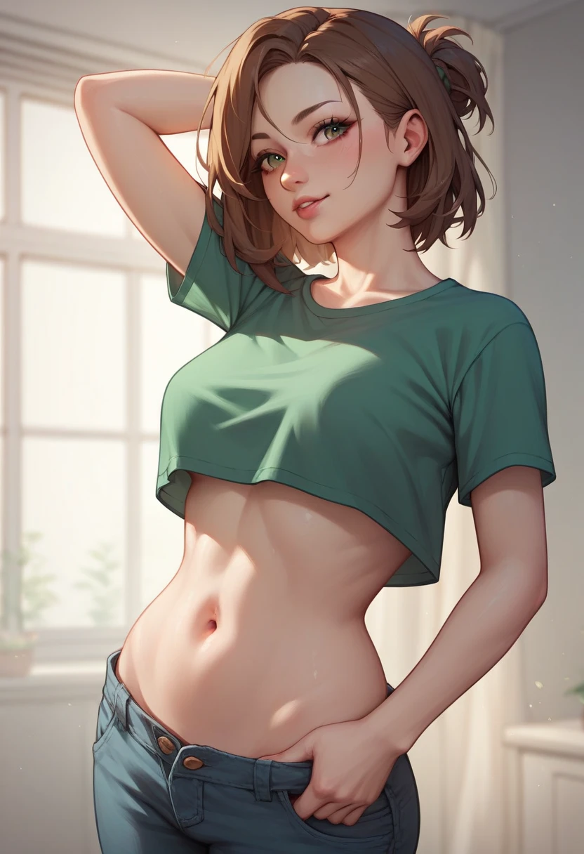 (absurdres), masterpiece, best quality, sharp focus, soft lighting, (full shot), (realistic), (cowboy shot), (beautiful) (petite:1.21) (large breasts:0.96), stunningly attractive (tomboy) girl, (playful:1.1), nature backdrop, ( red very short wavy hair:1.21), (amazing feminine face:1.21), (detailed freckles:0.96), (beautiful realistic green eyes:1.21), (small nose:1.11), (narrow waist:1.31), (wide hips:1.11), (thick thighs:1.01), (long legs), (excellent hands fingers thumbs:1.16), (Yoji Shinkawa:1.01), (Raymond Leech:1.11), (Range Murata:1.11), (Alena Aenami:1.01), (Pascal Campion:1.16), (Rebecca Guay:1.11), (Sparth:1.01), (r/eyes:1.21), (confident expression:1.21), (nose blush:0.81), (cleavage:0.81) (elegant) (intricate) (cute:1.01) tight t-shirt, exposed midriff, (shorts:1.21), (pixie cut:1.21)
<lora:lsls79Style_lsls79Final:0.9>