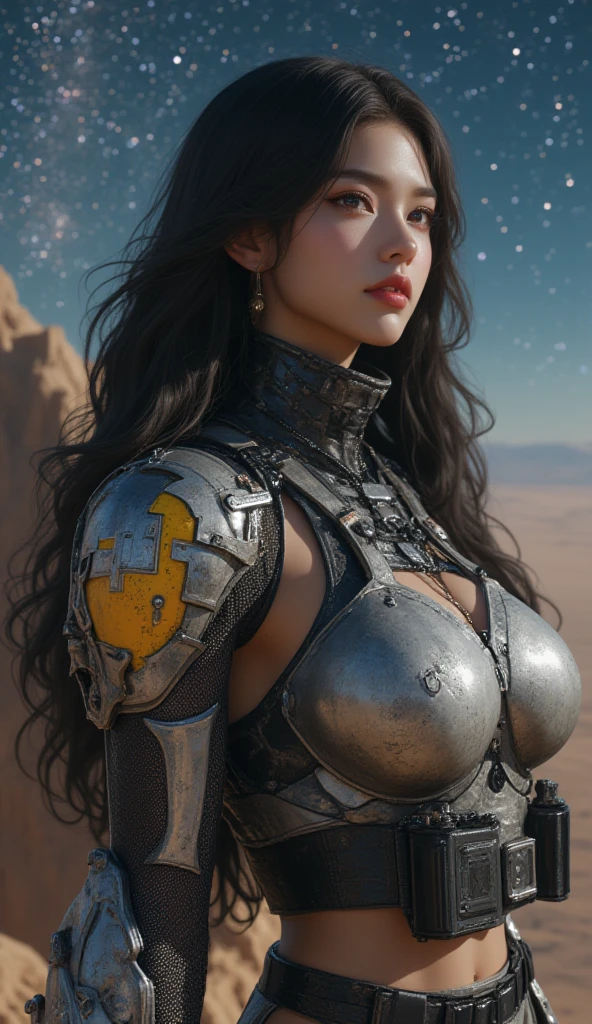 (Raw photography、top-quality、​masterpiece:1.2)、(realisitic、Photorealsitic:1.4)、(​masterpiece:1.4)、(top-quality:1.4)、(ultra-detailliert)、extremely details CG、8K、Unreal Engine、3d rendered、Beautiful mechanics、super detailed skin、((highly contrast))、(a high chroma)、(Detailed beautiful eyes、Detailed beautiful face)、((extremely delicate and beautiful))、(nice hand、perfect hand)、((5 precise fingers, Feminine beautiful fingers))、reflective light、Highly detailed background、((desert background))、(Ancient ruins buried in the sand)、((sandstorm))、Sand smoke、Broken and rusty military vehicles、 plein air, 1 girl in、platinum-blonde-hair、length hair、asymmetrical bangs、side locks、Beautiful delicate hair、White cyber suit with scratches and dirt、Thick leather bikini、cleavage of the breast、Detailed mechanical parts on suit surface、glowing mechanical parts、cowboy  shot、Desert sands、spaceships、机器人、Kaiju、alien、Armored vehicles、SF Tank、four legged dinosaur、Sand Planet、a science fiction film、Look at viewers
