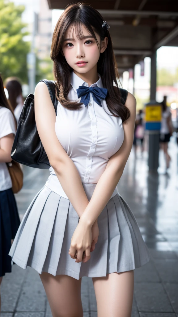 Very detailed、masterpiece、Highest quality、Ultra-high resolution、8K High Resolution、Photogenic transparency、Detailed eyes、Gradation、Perfect anatomical figure ,hard disk、Hmph , Nikon Z9 80mm Lens , Tabletop、Street in front of Tokyo Station、Standing model、shirt、(school uniform:1.5)、(((Skirts must be worn)))、(((Lift the hem of a skirt)))、Panty Focus、Too bright natural light、sunlight、(((While standing, She lifts her skirt to show her pussy to the camera.)))、(((Beautiful and white teeth)))、(((Raise your skirt higher and higher,Show your pussy to the camera)))、Ultra slim body、(Huge breasts、Cleavage:1.5)、Slim model body shape、Beautiful posture、Wearing a collar、Earrings、Earrings、((Navy Blue Skirt))、A large number of people、Erect nipples、(ponytail),shaved pussy、crowd、navel piercing、necklace、Mass exposure、Perfect pussy、Open shirt、(Brown Hair)