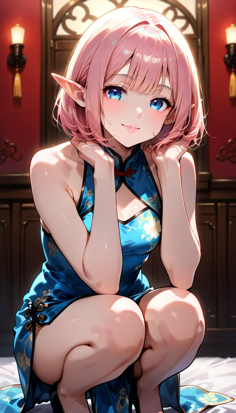 (nfsw:1.2),(1 girl),(Best Picture Quality, 8K, Masterpiece:1.3), (high school student:1.5), ((pink lob hair:1.1)), (bob cut),(swept bangs), (cute eyes, pupil black, iris skyblue, youthful face), (mole under right eye), (standard weight), (small breasts),(pink chinesedress), (glistening skin:1.1),flustered, sitting, (Beijing:1.2)