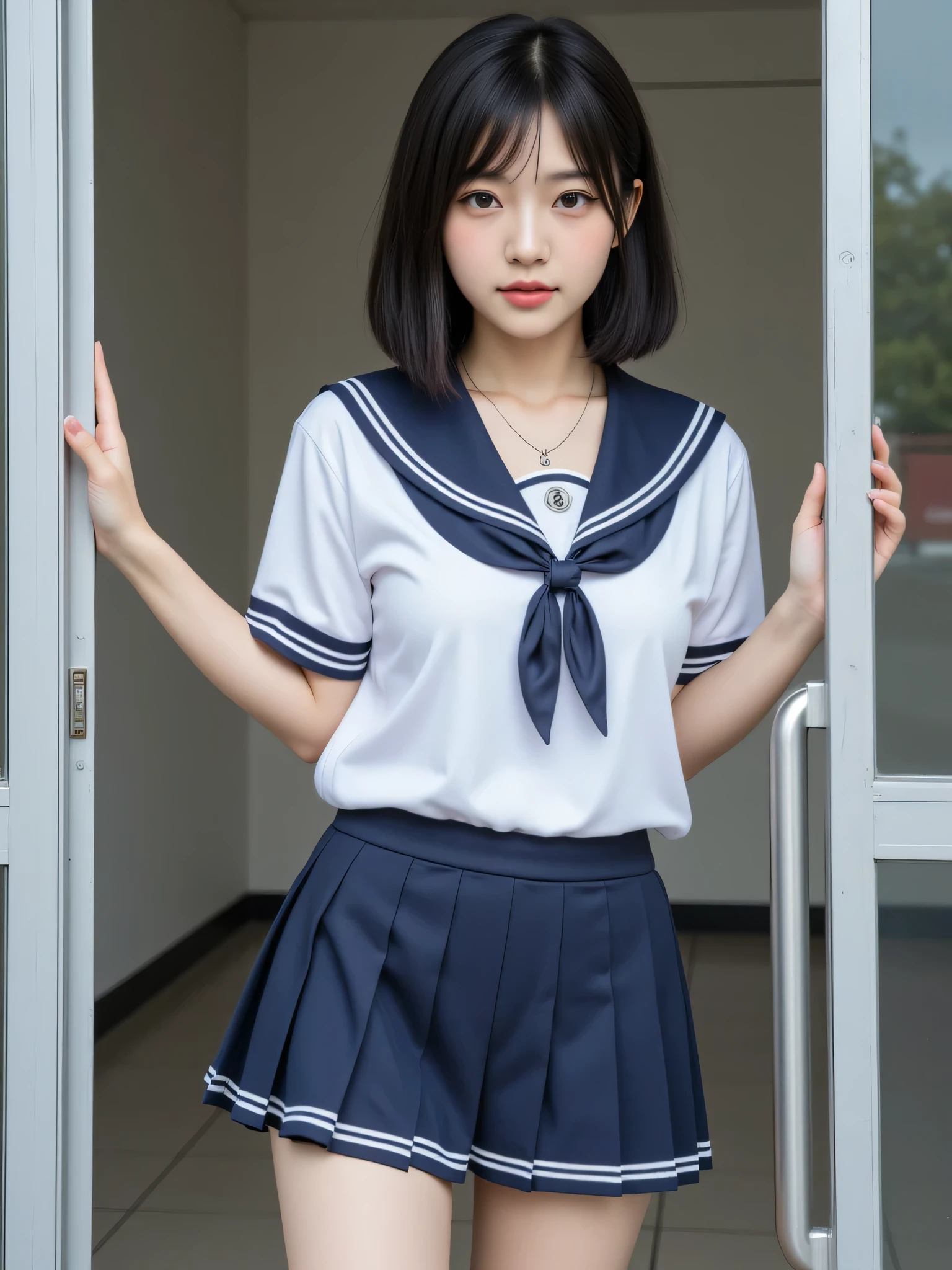 japanese cute idol, Japanese cute girl, kawaii, a pretty woman is posing at the school entrance , 1girl, solo, realistic, ((japanese school uniform:1.5)), nsfw, masterpiece, best quality, hyper detailed, insanely detailed, 16k, japanese , cute, kawaii, photorealistic, Realism, raw photo, real person , 1girl, solo, black hair, breasts, realistic, masterpiece, Best Quality, High resolution, detail hands, detail fingers, detail face, detail leg, perfect lighting, (1girl, solo, detail girl, 20years old girl), cute girl, (black hair, short bot cut, large breast), (school uniform, sailor suit), (morden, school, shoes rocker ), (empty eyes, emotionless ) school uniform, sailor suit, traditional Japanese style with navy blue and white colors, detailed ribbon and pleated skirt,
