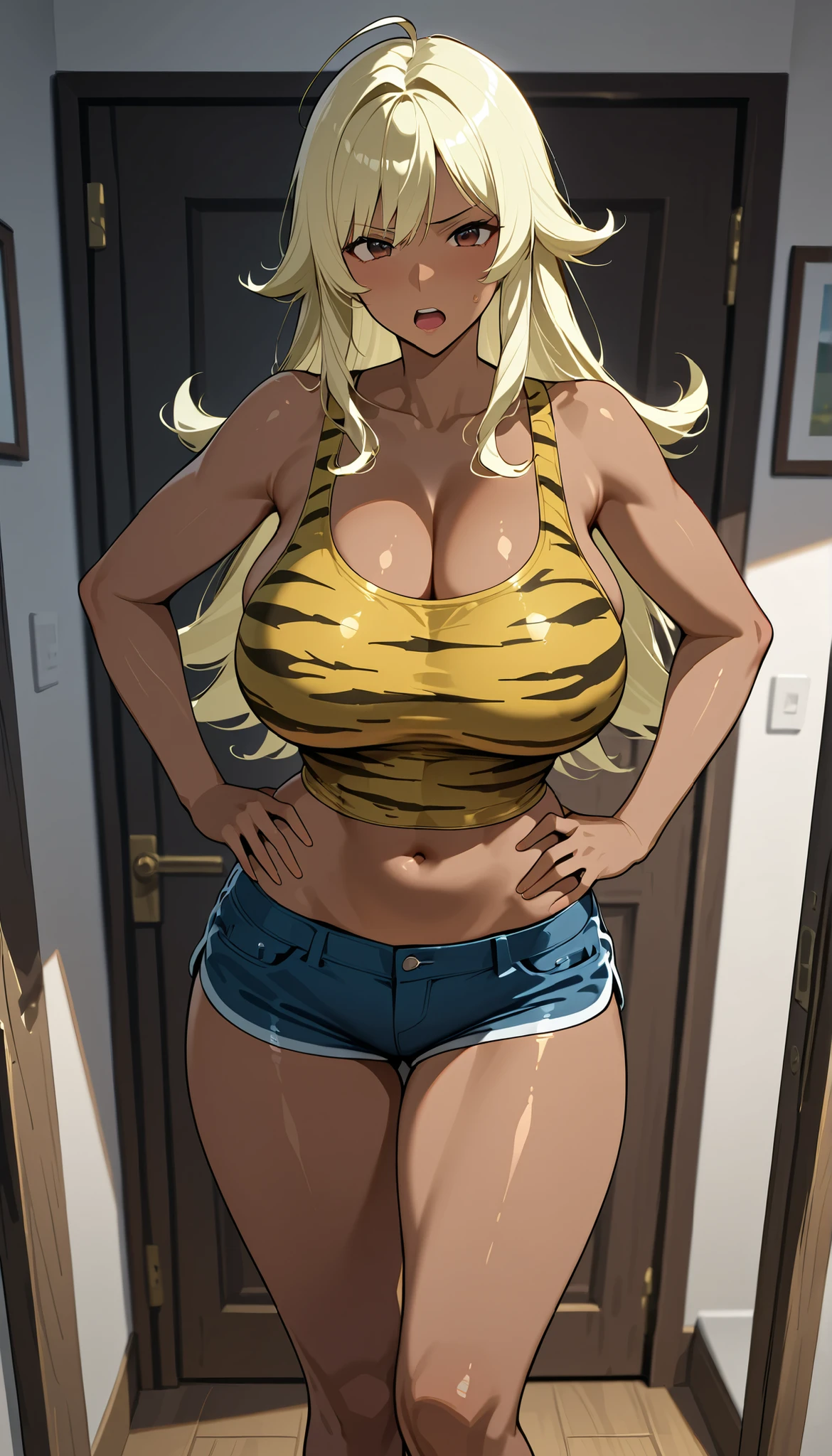 (best quality,ultra-detailed),mother-faced woman, yellow long hair,yellow eyes,dark skin,thin strap white tank top,super short shorts,immensely large breasts,exposed breasts,thick thighs,insanely inflated hips,focus on thighs,at home,homely backdrop,vivid colors,sharp focus