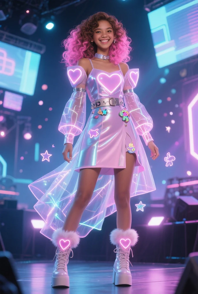 A DJ with long braids in shades of pink and dark blue, wearing a purple sequin dress and dark blue platform boots, dancing gracefully in a futuristic club. Neon lights in pink and purple create a mesmerizing effect, and she holds purple headphones while looking directly at the camera with a charming look.