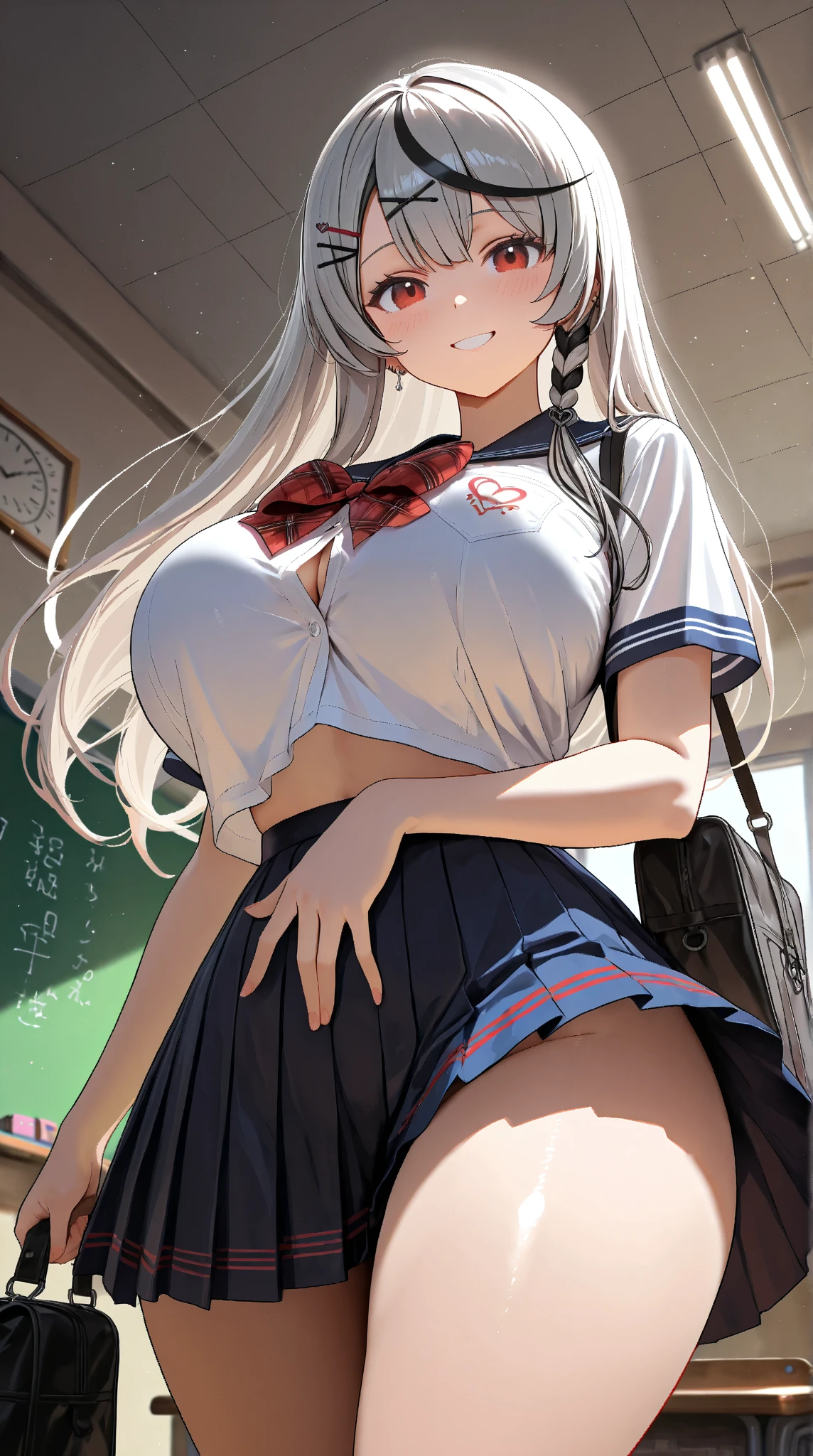 Highest quality, Super detailed, masterpiece, Ultra-high resolution, 8K, Embarrassing, blush, Lovely, Close one eye, With tears in her eyes and her mouth open, drooling, Twin tails, [1girl, biwa hayahide \(umamusume\), umamusume],Glasses, arms behind head, wariza, (off-shoulder sailor uniform, micro mini skirt), under boob, crop top navel, medium breasts, Absolute area, Waistline, Shower room