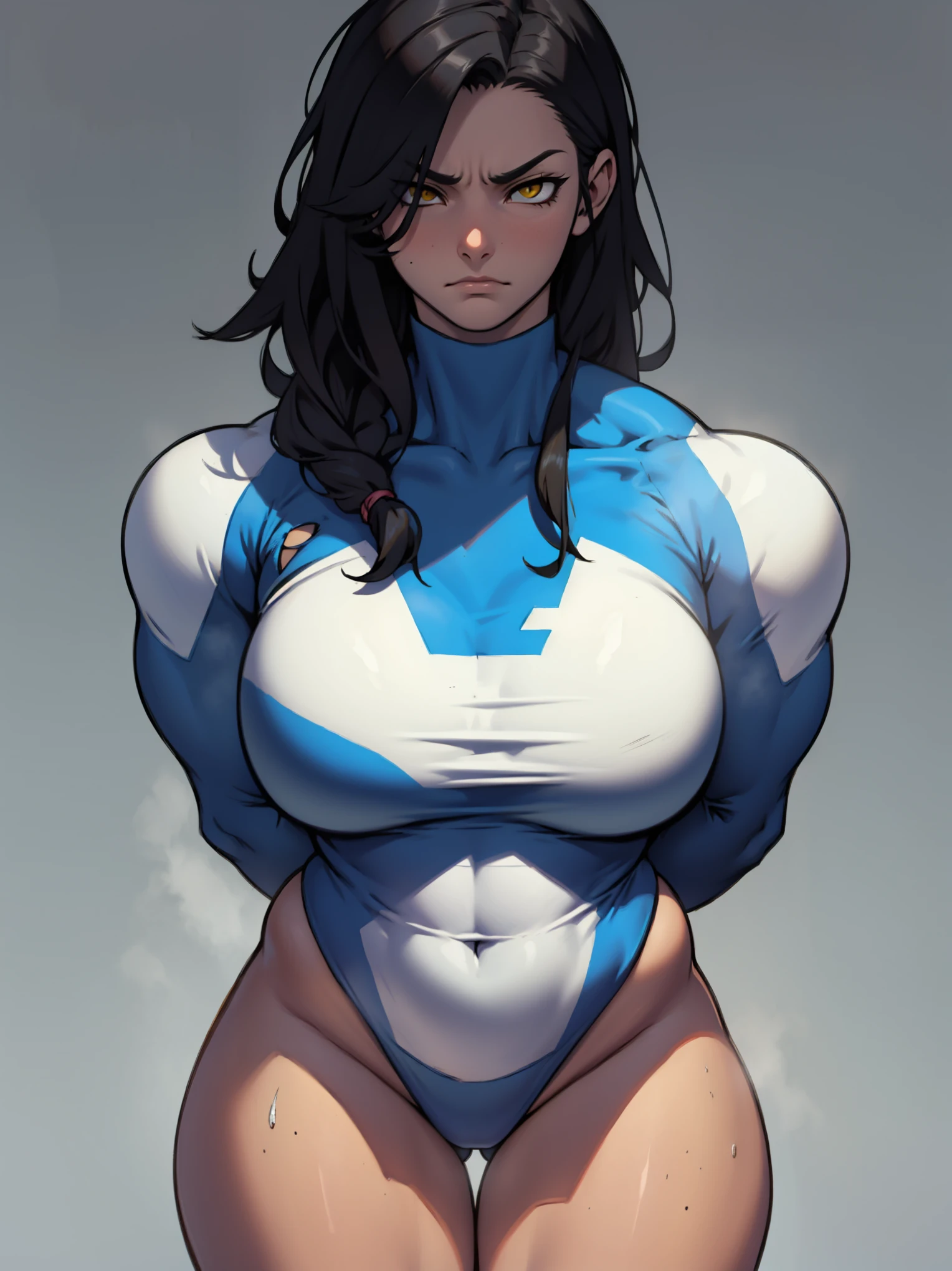 serious look sad empty eyes collant gymnast thick thick thick massive breasts muscular girl black hair yellow eyes pale skin