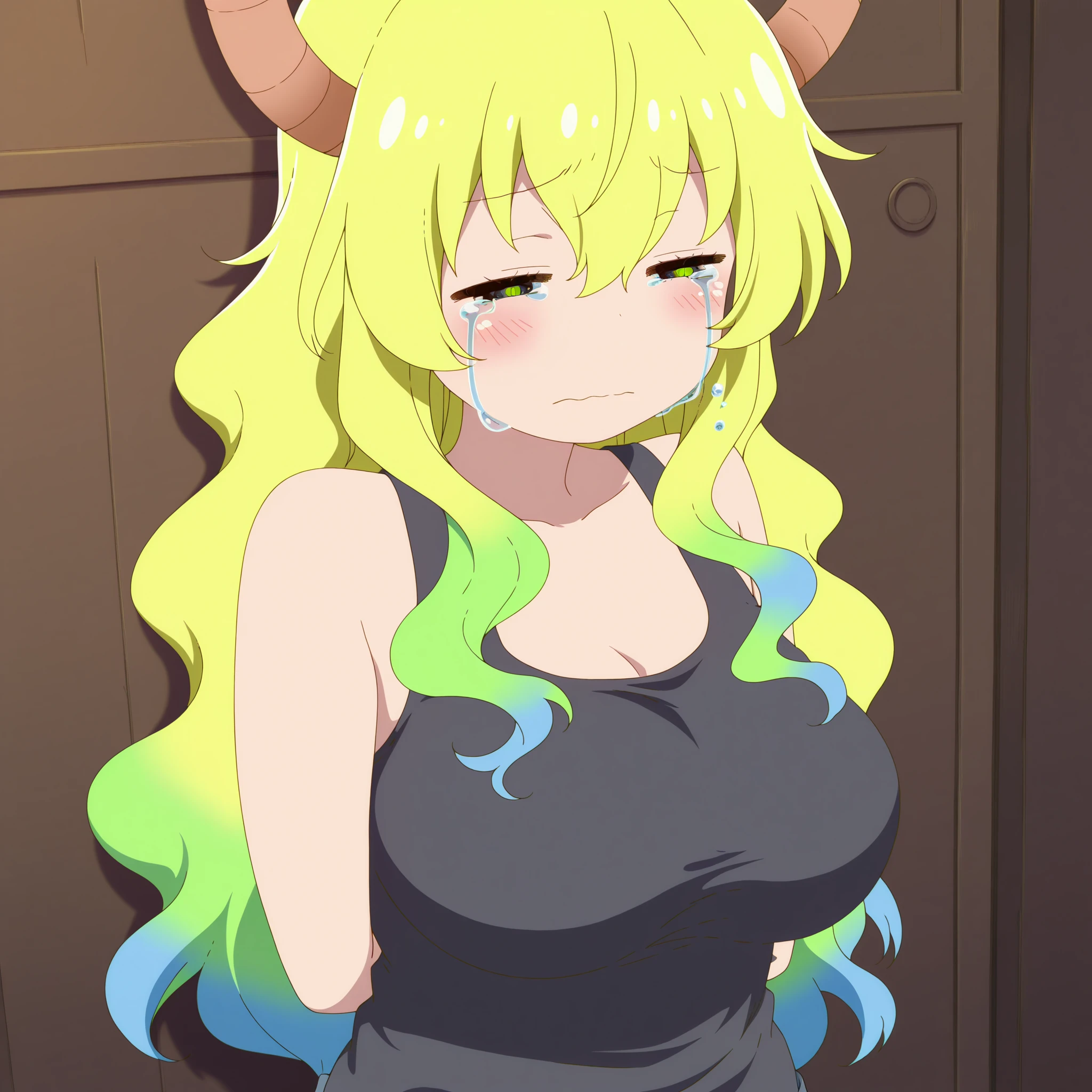 Quetzalcoatl / Lucoa, ojos detallados, cuerpo completo, posar puerta abierta, coming out of the bathroom, toalla mojada, cara nerviosa, ropa interior