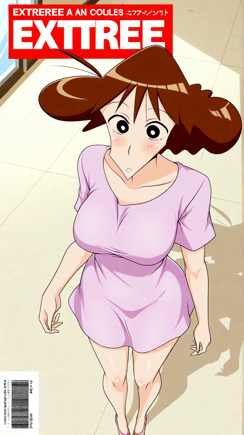 Misae Nohara,(Mature Woman:1.8),(absurderes, 8K, 4K, masutepiece, hyper extreme detailed:1.2), Best Quality, Perfect Anatomy,Perfect face,Facing forward, on bed, wearing pink nightdress, cleavage, erotic, seduced