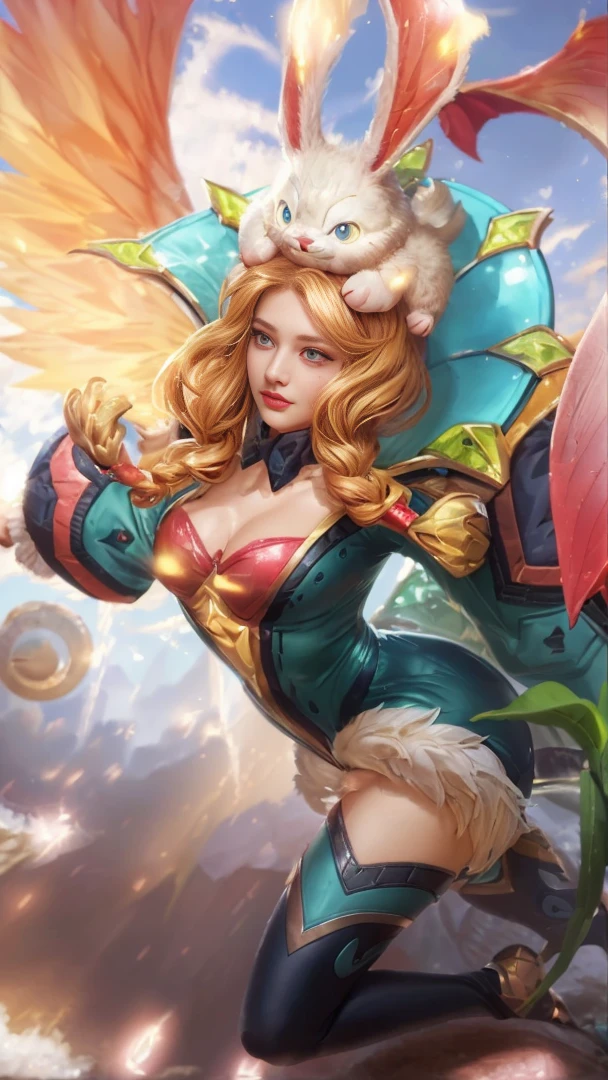 A cute anime girl hero Rafaela in Mobile Legends, easter-themed skin, wearing pink bunny-shaped bandos, beautiful detailed eyes,beautiful detailed lips,extremely detailed face, wings behind the back, pastel colors,flowers,soft lighting,vibrant colors,highly detailed,digital painting,concept art,fantasy,elegant,graceful