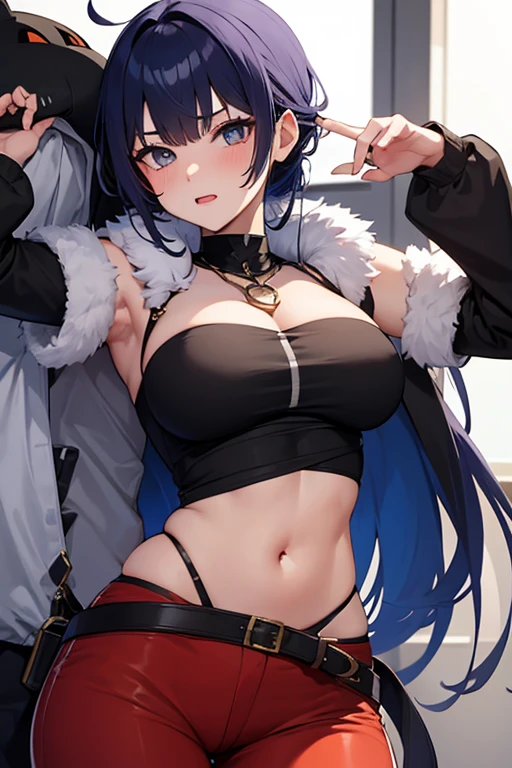 realistic image, coherent image, detailed image, 1 beautiful girl, She has black hair, long, silky hair, long eyelashes. Golden eyes, she has fox ears and fox tails. Her face is oval and delicate, smiling. She is wearing a long sleeve sweater, navel showing, pleated mini skirt. She has a curvy body, big breasts, thick thighs, volumetric lighting, natural lighting, sexy pose