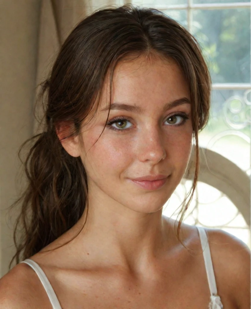 Belle brune aux reflets blonds, (22 ans, visage innocent, cheveux ondulés naturels, yeux bleus), et une femme