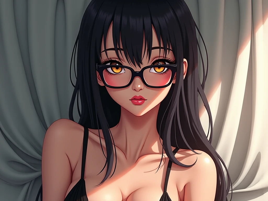 High resolution, high quality, Very detailed, Long Hair, Black Hair, Parted bangs, Hair blowing in the wind, Diagonal bangs, Straight Hair, Shake your hair, Large Breasts, Wolf Ears, Blushing, smile, Light blush, Sparkling eyes, A seductive smile, Shy, Character Design画, Aerial perspective, Test model, Wear glasses, Chiaroscuro, Character Design,