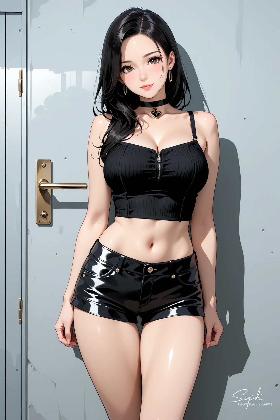 High resolution, woman , Good lighting, Despicable, , (No nudity), (((loose jean shorts))), ((Tight leather top)), (((Leather thigh-high boots))), (garter belt), Abdominal area only, (Wet shorts), , Cute Face, I'blush with embarrassment, Humiliating, ((Spread your legs)), (())