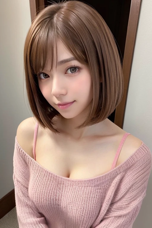One Girl, (beautiful girl, Delicate girl:1.3), (16 years old:1.3),
break, Holding a big pink teddy bear:1.3,
break, (Inside an old house background:1.2),
break, Very beautiful eyes, (Symmetrical eyes:1.3),
break, (Big Breasts:1.3), Brown eyes, Parted bangs, Brown bob cut hair, Round face, cute,
break, (Eye and facial details:1.0),
break, (masterpiece, Highest quality, Very detailed, Detailed face, 8k)