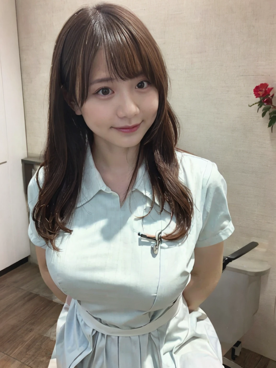 ((Highest quality, 8k, masterpiece, Portraiture: 1.3)), (Looking at the audience), Attractive mature woman, 1 person, A little thick:0.４,Light brown medium long hair、 (((Pure white nursing uniform))), (((Nurse Look)))、((White Uniform))、((Nurse cap))、((Large Breasts:1.1)) (Large pelvis:0.9), ((Are standing))、,Good posture、(((Strong afternoon sunlight shining through the hospital background)))、((((A gentle smile))))、A gaze that seduces viewers、(((Hospital room background)))、(((The first button is fastened)))、A good attitude、


