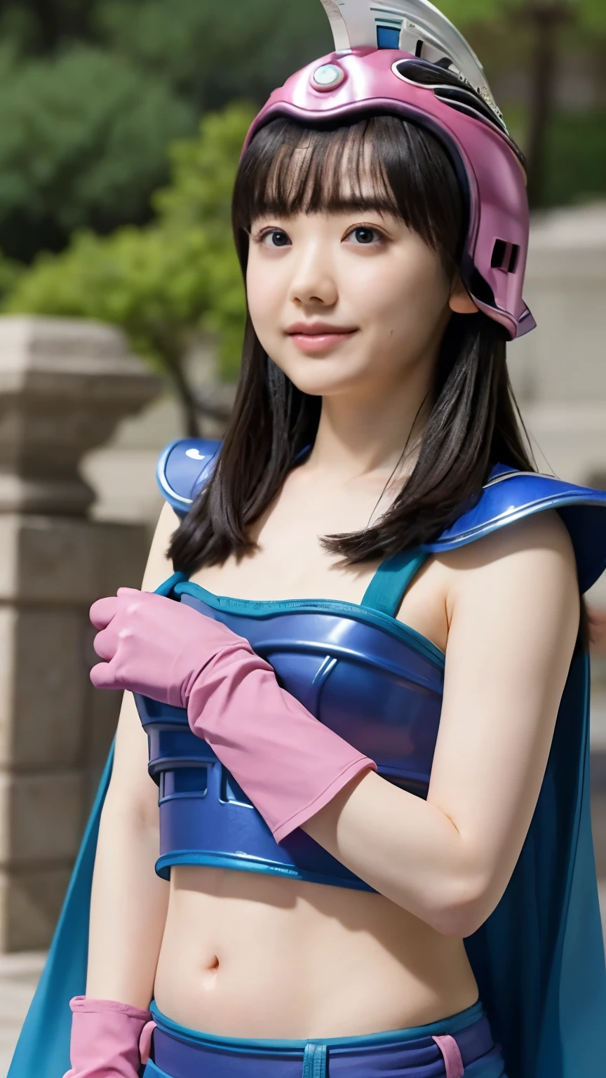 1girl、((full body))、realistic、(((masterpiece、Highest Quality、high resolution)))、Professional Lighting、Japanese、cute、thin、small、is young、Ashida Aina、((Chichi's Costume in Dragon Ball、pink helmet、pink gloves、pink boots、navy blue shoulder pads、navy blue metal bikini armor、turquoise cloak))、gym sitting、in the mountains of China、anatomically accurate、Outdoors、Camera angle facing