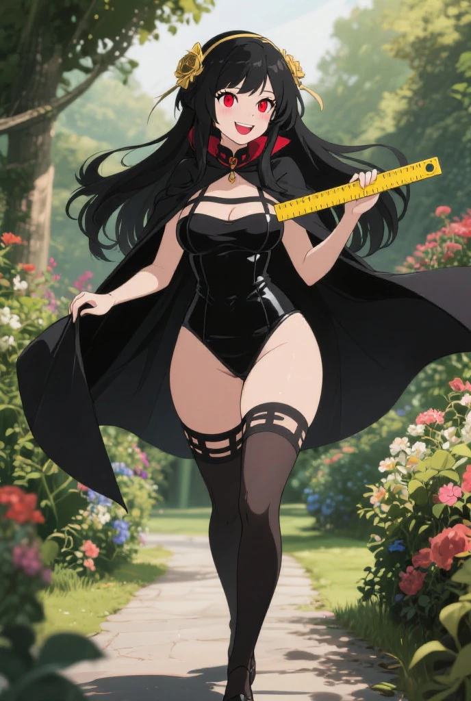 (cowboy shot), (colorful:1.1), (ultra-high resolution, depth of field:1.2), (Tingyun:1.1), solo, fox ears, (puffy fox tail), (black hair), inner pink hair, bangs, green eyes, (red underliner), medium breasts, (long dress), (long black dress with a waist cincher), crossed collar shirt, cleavage, bare legs, (intricate thigh strap), pantyhose, smile, squinting, Chinese garden scenery