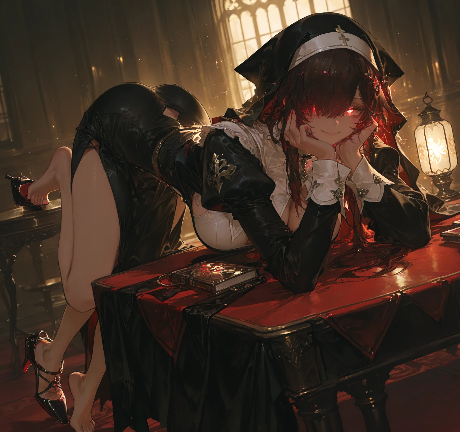 teens girl, A princess, (Puppets), ((maidennurse)), (vacant eyes), With your mouth open , ((face expressionless)), pallor, mid hair, (brunette color hair), (Sister cut haircut), ((Gothic costumes)), (Expose the collarbone), (Beautiful long neck), (slender figures), (Barefoot), (putting makeup on), (eardrop), (sockes), (mechanical leg), (full bodyesbian), (head looking up), up looking, ((Tilt your head)), ((Curl up and lie on your side)), ((wineglass)), (((auditorium))), ((theater)), (Bedrooms), (Art Exhibition Hall), ((Retro)), ((mistic)), (Luxury)