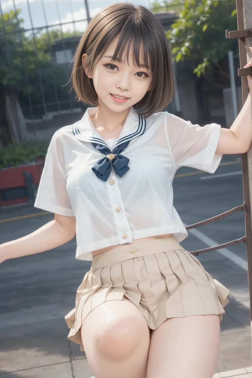 (in 8K、Raw photography、Highest Quality、realisitic、Photorealsitic、Professional Lighting、masterpiece、extremely delicate and beautiful、Highly detailed、finely detail、ultra-detailliert、hight resolution、beautiful and detailed face、Spread your legs wide、beauty legs、Nasty smile、Textured skin、full-shot:2、Full Body Angle:1.5)、1girl in、solo:2、Colossal 、ultra gigantic 、beautiful model、beautiful face:1.5、Spread your legs wide、Crab crotch、hi-school girl、blazers、I can see the vagina、white shirt、Navy blue checked skirt、Bery short hair、She is wearing yellow-green satin panties.、Wearing striped knee socks、shoes、Schools、A lot of people are watching