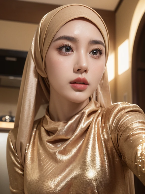 (Masterpiece: 1.4, Best Quality): This exquisite 8k wallpaper showcases full body portrait of A 18 years old Korean girl in elegant detail. Dressed in a full covered cloth long, beautiful light gold hijab and jubba thobbe, she exudes an air of tranquility and aesthetic beauty. The perfect lighting illuminates her every feature, revealing intricate details of her slim body and medium-sized, covered breasts. Her face is a portrait of perfection, with highly detailed facial features including subtle blush and a captivating expression that plays with the eyes, rolling, crossed, or simply expressive. The background is equally detailed, bursting with unity and realism. (Solo)
