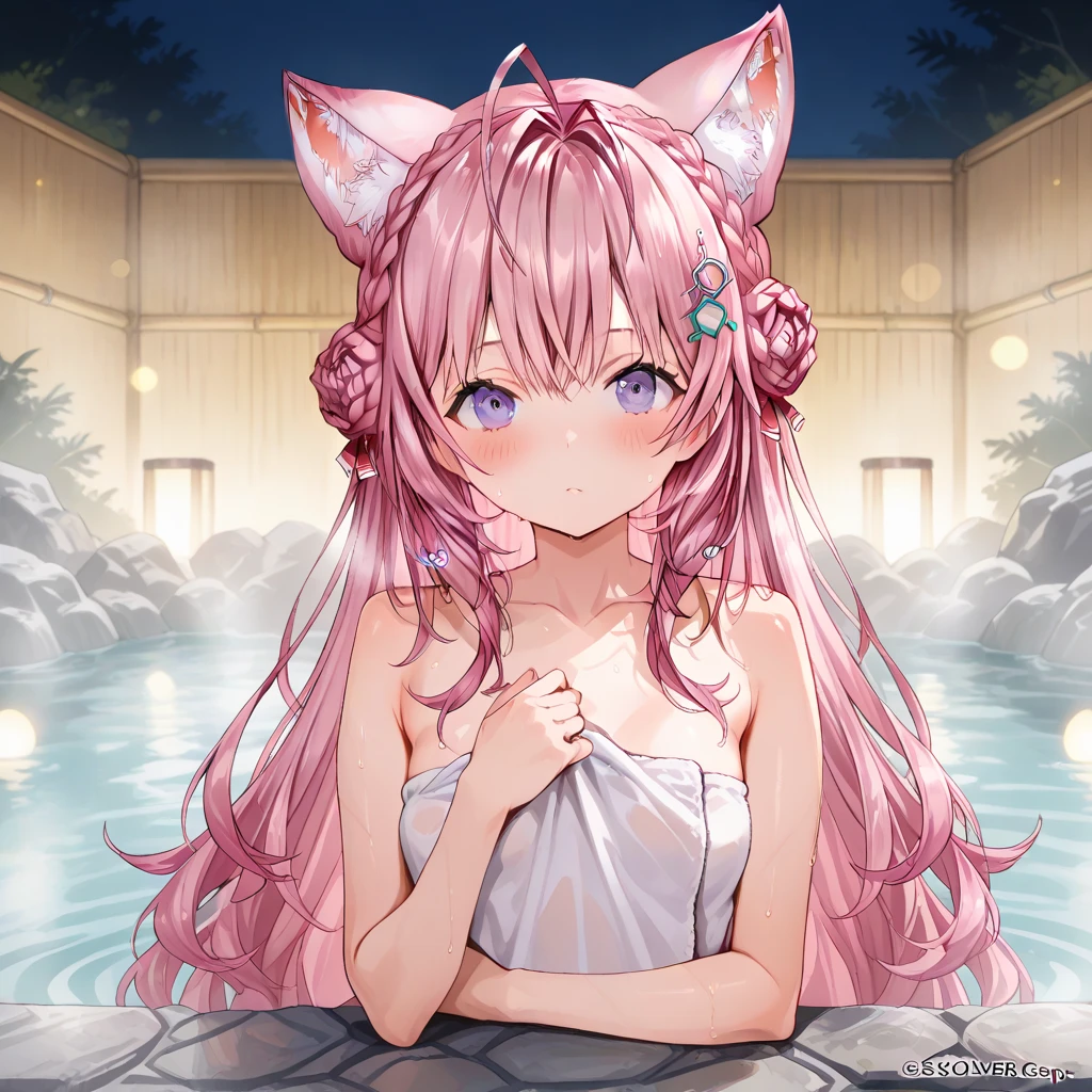 1girl (Masterpiece) (Best Quality) (Shiny Hair) (Glossy Skin), Nakano Nino, Pink Hair, Hair Ribbon, Butterfly Hair Ornament, Tsundere, (Embarassed:1.2)(Jitome, Half Closed Eyes:1.2), Swimsuit, Arms Crossed, (Cat Ears, Cat's Tail: 1.2)