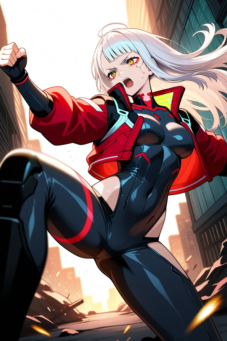 ultra-detailed, Explicit, Beautiful body, Beautiful Nose, Beautiful character design, perfect eyes, perfect face, ultra highres, 4K, beautiful legs, perfect legs, Nice hands, Perfect hand, Masterpiece, Best Quality, Highly detailed, illustration, absurdres, street fighter, doll suit, shadaloo doll, dollsuit, expressionless, blank eyes, looking at viewer, red gloves, emotionless, black latex, corrution, mind control, female combatant, full body, hypnotized, unhappy trance, full body suit, ribbed bodysuit, both arms at side, obey, perfect female body, extremely glossy latex, hypnosis, hypnoLora, empty eyes, Mind control device, poses, submissive_pose, Slave, hat, necktie, standing, standing up straight, Standing at attention, hat, yellow necktie, belt, latex, ribbed bodysuit, thighhighs, garter belt, Fighting Stance, extending the right arm from the shoulder into the air with a straightened hand, military, thigh boots, solo, Classroom of the Elite, Ichinose Honami, pink blonde hair, blue eyes, long hair, large breast, evil smile, evil grin, yandere