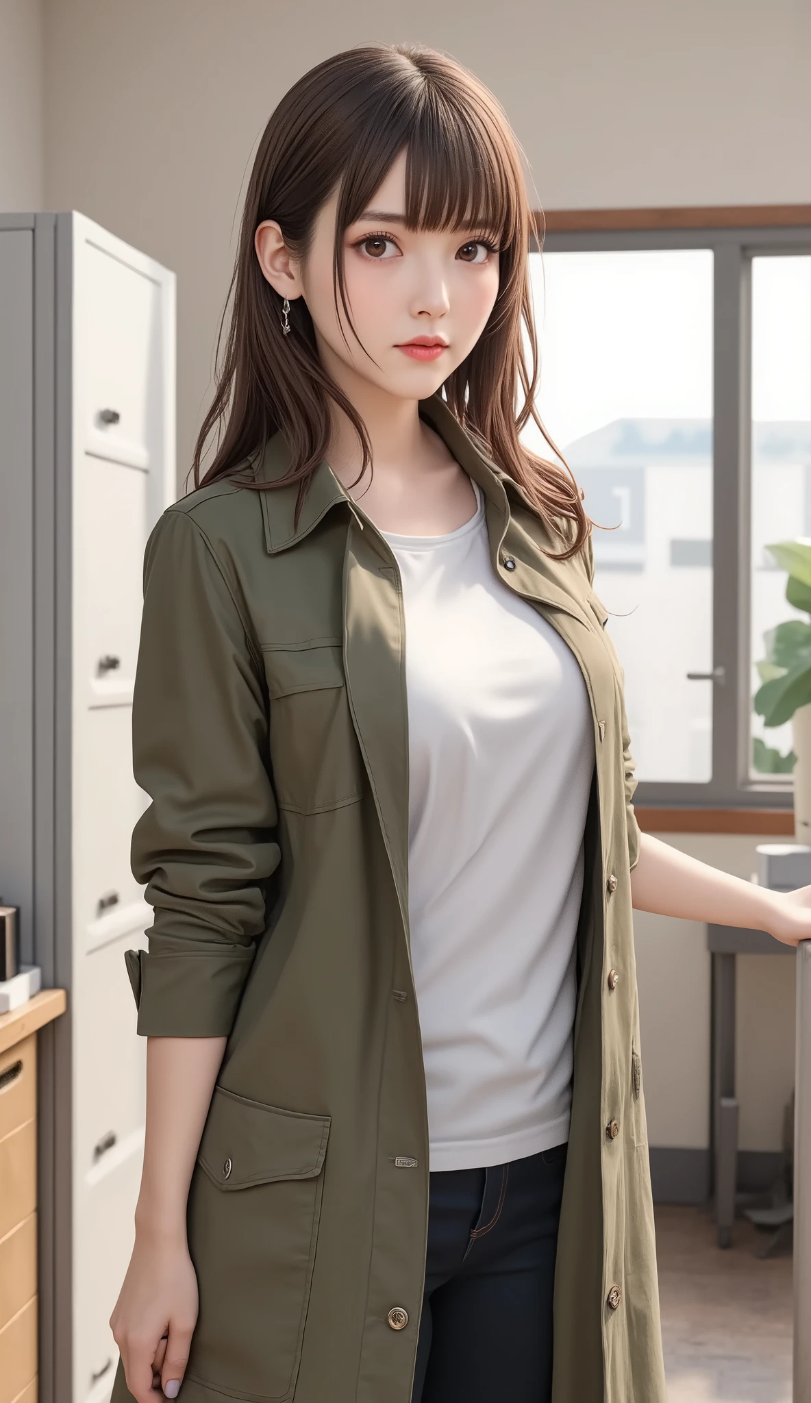 A female detective wearing an olive green M-51 Fishtail Parka inside the police station
