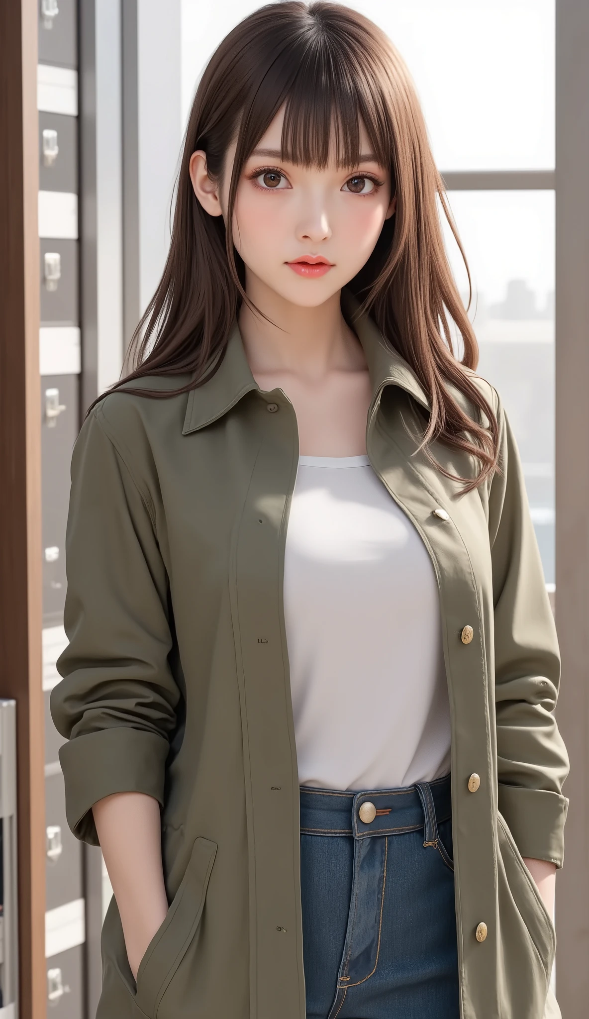 A female detective wearing an olive green M-51 Fishtail Parka inside the police station