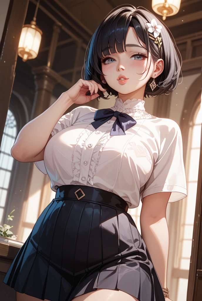 1girl, black_hair, breasts, cleavage, curtains, earrings, front-tie_top, jewelry, large_breasts, lips, looking_at_viewer, shirt, solo, tied_shirt, upper_body, white_shirt