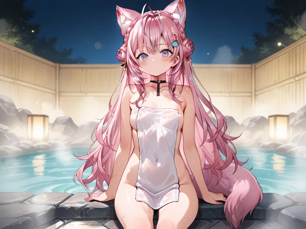 Masterpiece, Best Quality, extremely detailed, cheered up, Cat ears girl ,night pool,high waist bikini,SMILE,:d,action,ass focus