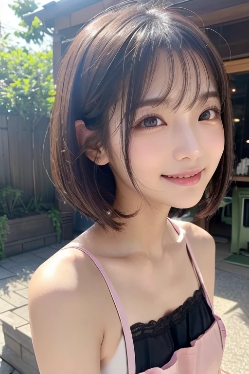 (((Definitely shoulder length, short, Straight Brown Bob)))、(((In her background is a summer park、Pose like a model at the beauty salon.)))、(((Random and cute street fashion)))、Face close-up、Half Japan, Half Korean、18-year-old girl、Independent、I&#39;looking forward to it、Light eye makeup、Brown Hair Color、flat 、Hair blowing in the wind、Quality of actress、Shiny, Ultra-realistic faces、smile、Watery eye、look up、Subtle lighting effects、 Ultra-Realistic Capture、Very detailed、High resolution 16k human skin closeup。Skin texture must be natural、The detail must be such that the pores are clearly visible...、skin is healthy、Even Tone、Use natural light and color、High quality images taken by modeling agencies&#39;Exclusive photographer、smile
