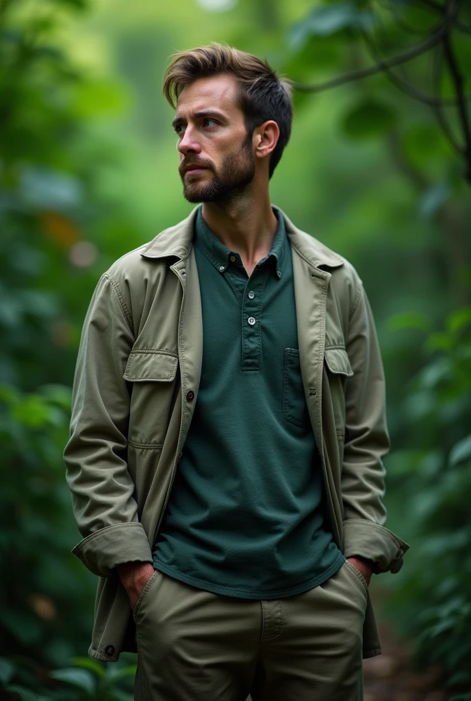 A man was sitting in the middle of a lush forest with tall trees. He was holding a thick book and looked very focused on reading it. Around him, several other books could be seen open on the green grass. In the background, the setting sun gave off a yellow light softness that radiates between the branches of the trees that grow thickly." very realistic, high resolution, 8k resolution, intricate details, dramatic