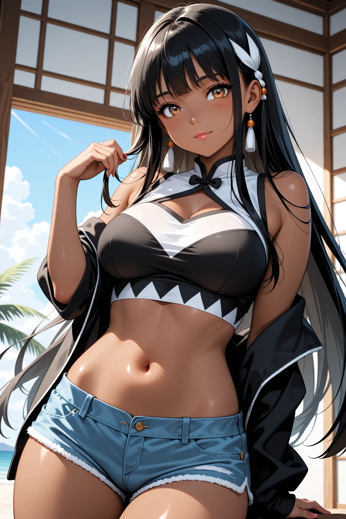 ((((highest quality)))), (((Ultra-precision CG 16K))), (((masterpiece))), (((Very detailed))), (((Extremely detailed))), (((Black outline:1.3, Written boundary depth:1.3 , Written soft outline, sharpness))), Maximum clarity and sharpness, Multilayer Texture, Surface Shading, Cinematic lighting, Beautiful details sparkle ,Perfect Proportions, Limited to one woman, BREAK accurate, Anatomically correct, Highly detailed face and skin texture, drawn in detail, Highly detailed facial and skin texture, Detailed eyes, beautiful hair, Beautiful Japanese Idol face, Beautiful and beautiful eyes, Beautiful body, Beautiful breasts, Beautiful thighs, Beautiful legs, Beautiful fingers, (Beautiful views) , skinny body, ((Beautiful Skin)), ((Skin Texture)) BREAK breast enlarged, medium Breasts, rocket breasts, (((perky breasts))), (covered nipples), slender waist, ( narrow eyes, blush, determined expression, hot, sweaty , Heavy breathing,) , (streaked hair, hair intakes, colored inner hair, ) BREAK (((wearing printed sexy professional clothing , wearing wide-leg-pants, breasts is covered by outfit))) , wearing earrings, (((suntanned skin, tan lines))) , BREAK ( stick breast out),(((looking at viewer, super detailed background , ))), BREAK (((portrait , close-up of face, bust-up shot, looking at viewer, bending over )), (natural make), random angle, random situation , pinup magazine pose