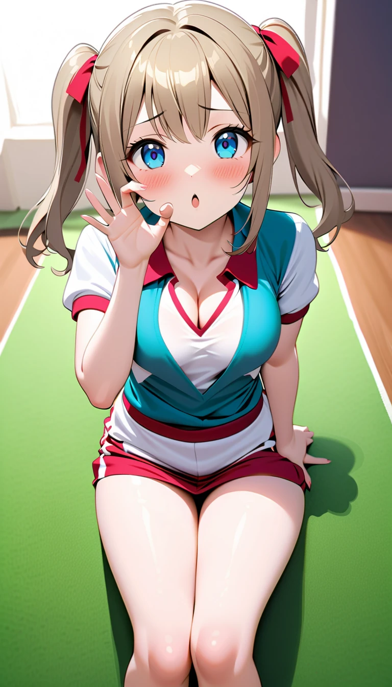 (Highest quality,8k,32K,masterpiece,Ultra-high resolution :1.2 ),born,One girl,Super cute,Natural light,Clear, shining eyes,20-year-old,Fair skin,Twister game-like electronic world fantasy background,Brown Hair,short hair,Large Breasts,mini skirt,Playing a twister game,Colorful mats on the floor,On all fours,Accentuate your butt